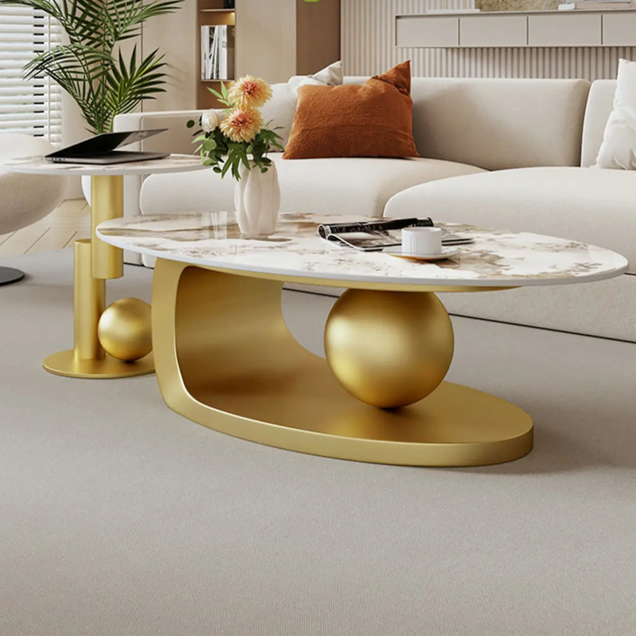 Contemporary Stone Top Abstract Metal Base Coffee Table Image - 6