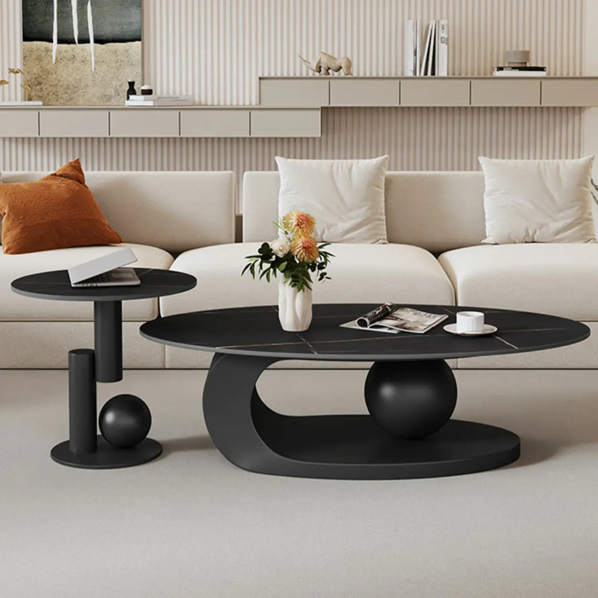 Contemporary Stone Top Abstract Metal Base Coffee Table Image - 2
