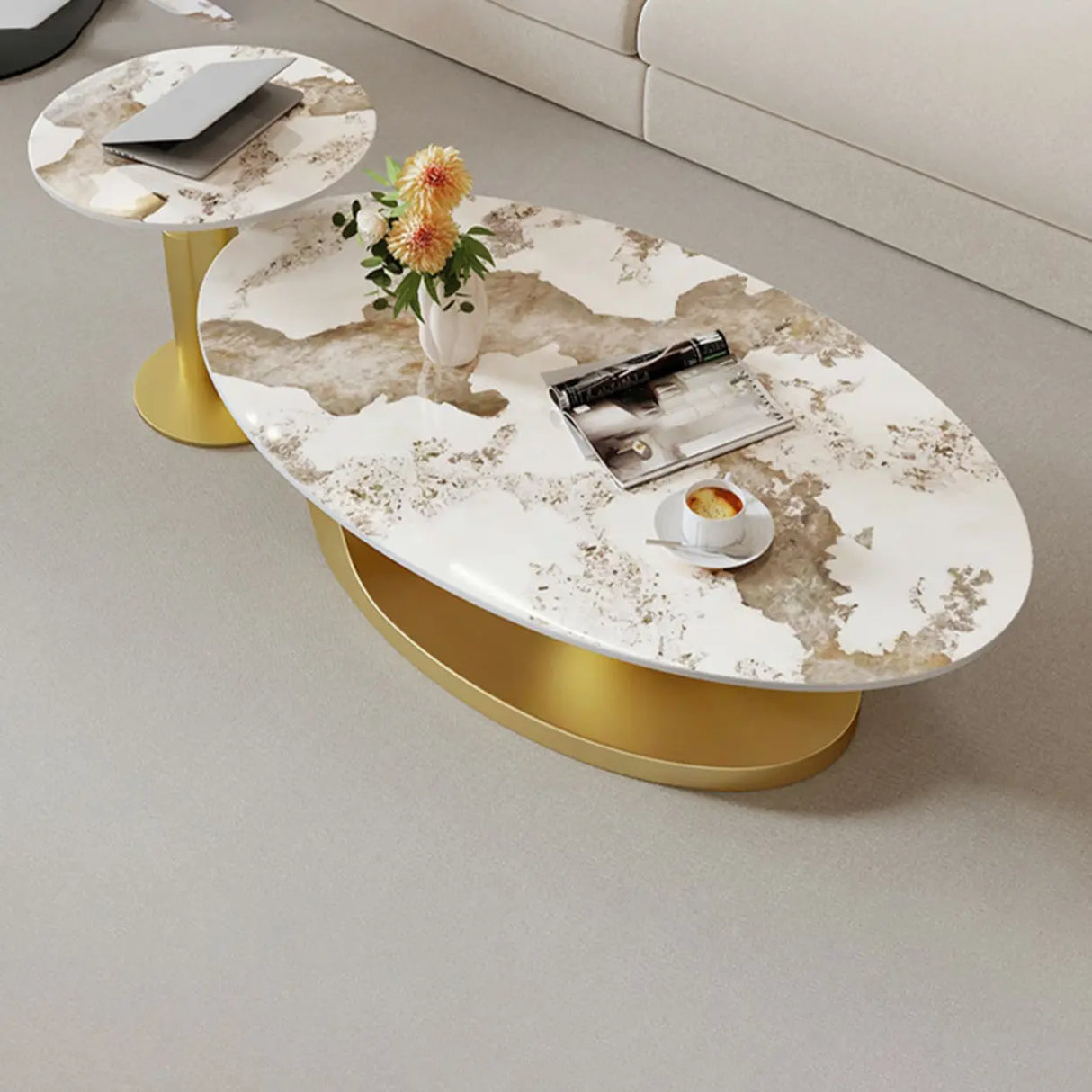 Contemporary Stone Top Abstract Metal Base Coffee Table Image - 8