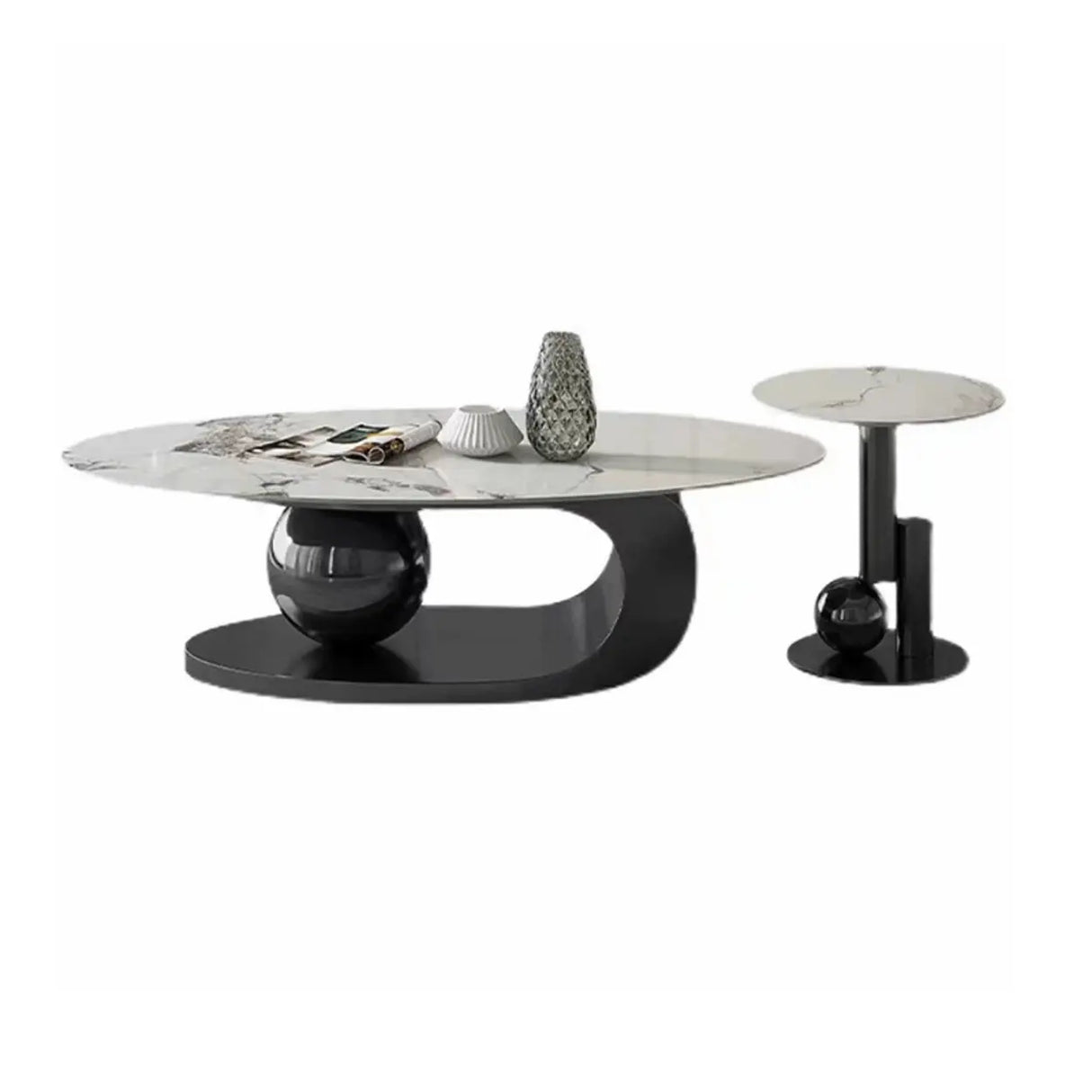 Contemporary Stone Top Abstract Metal Base Coffee Table Image - 9