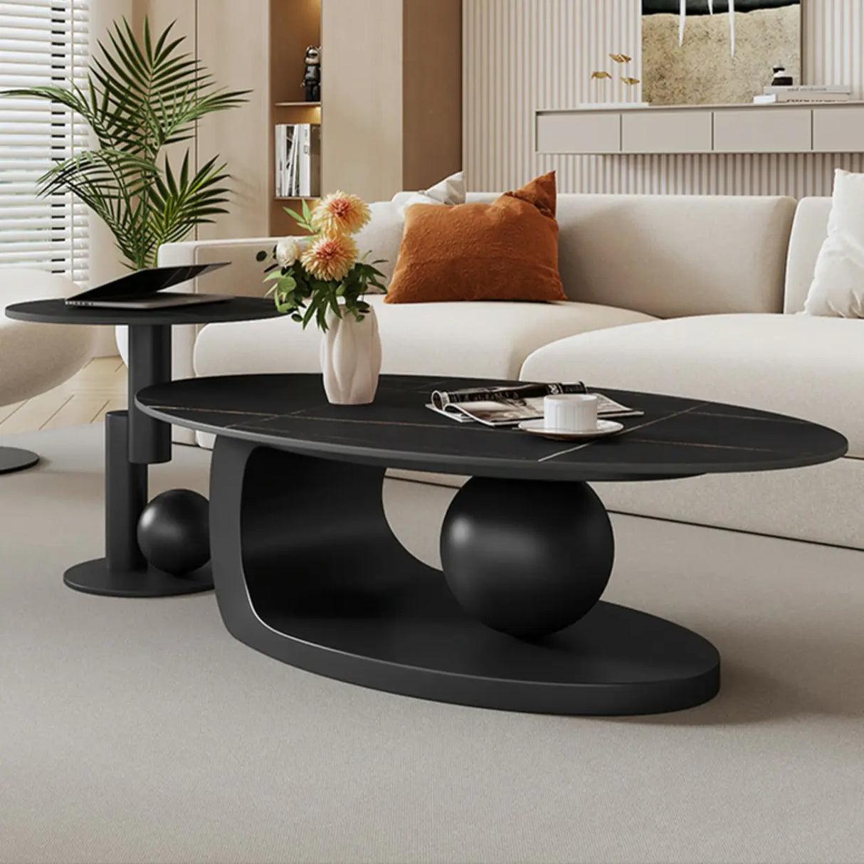 Contemporary Stone Top Abstract Metal Base Coffee Table Image - 6