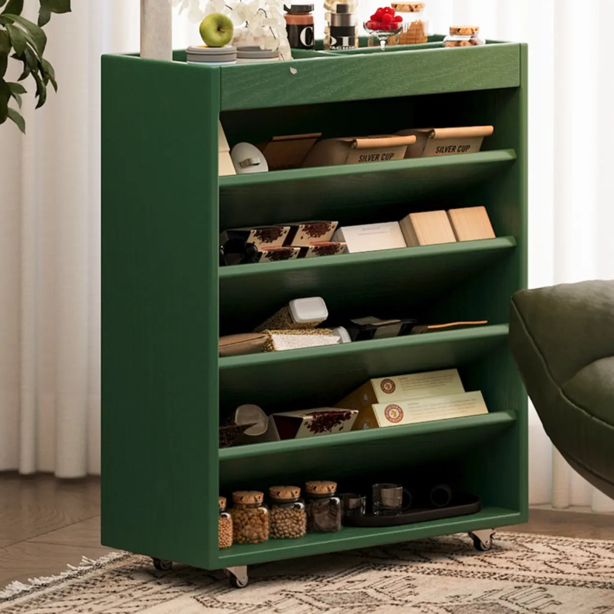 Contemporary Vertical Mobile Wood Angled Rack Bookshelf Cart Image - 1
