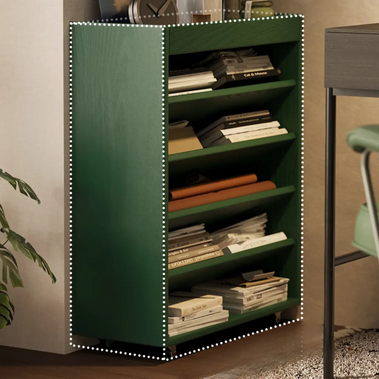 Contemporary Vertical Mobile Wood Angled Rack Bookshelf Cart Image - 4