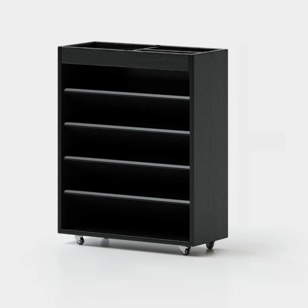 Contemporary Vertical Mobile Wood Angled Rack Bookshelf Cart Image - 7