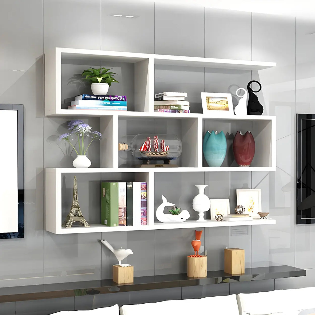 Contemporary Wall Mounted Rectangular Bookshelf White Image - 1