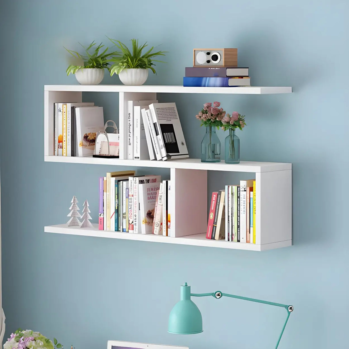 Contemporary Wall Mounted Rectangular Bookshelf White Image - 14