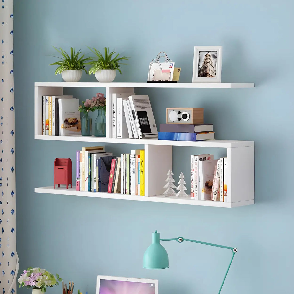 Contemporary Wall Mounted Rectangular Bookshelf White Image - 15