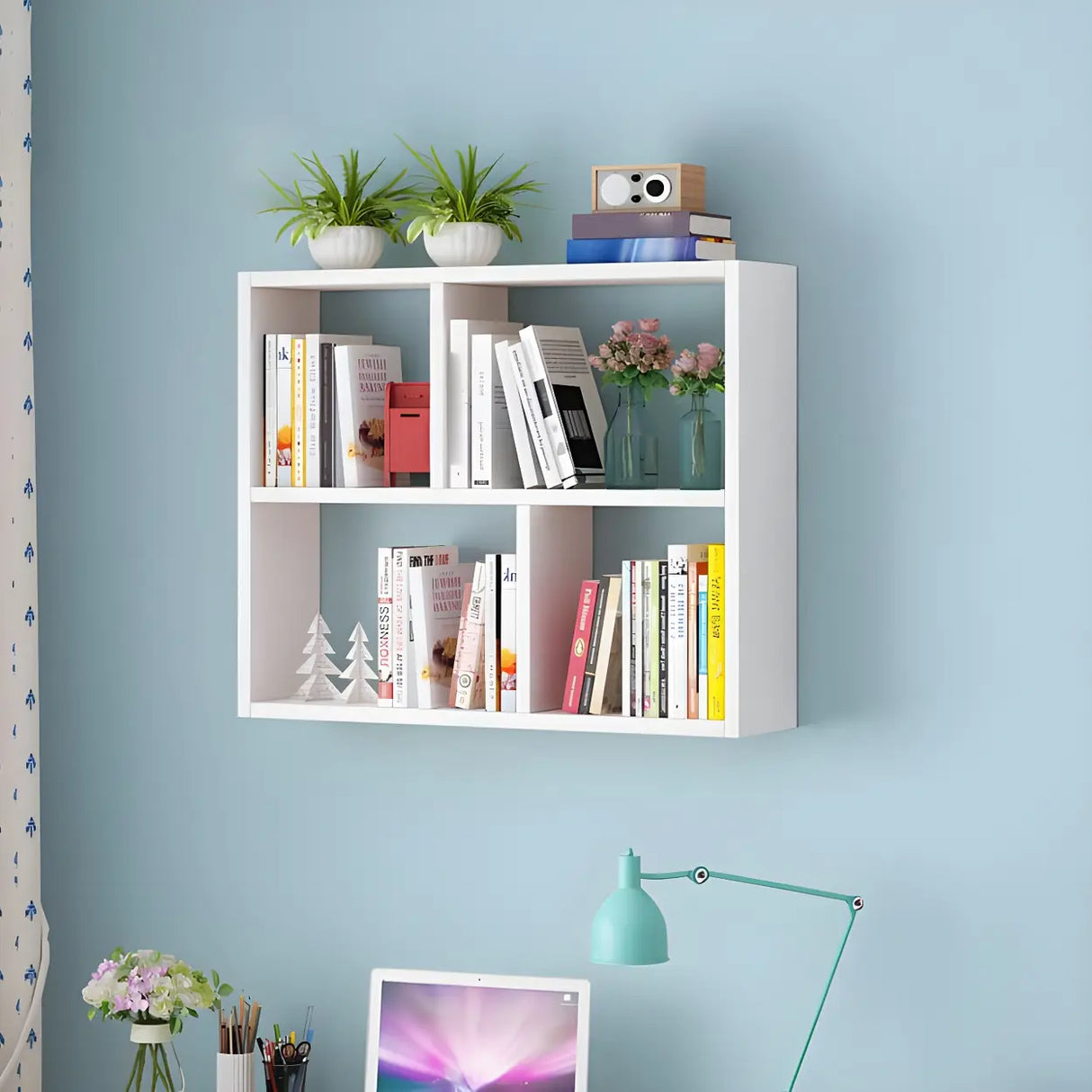 Contemporary Wall Mounted Rectangular Bookshelf White Image - 2