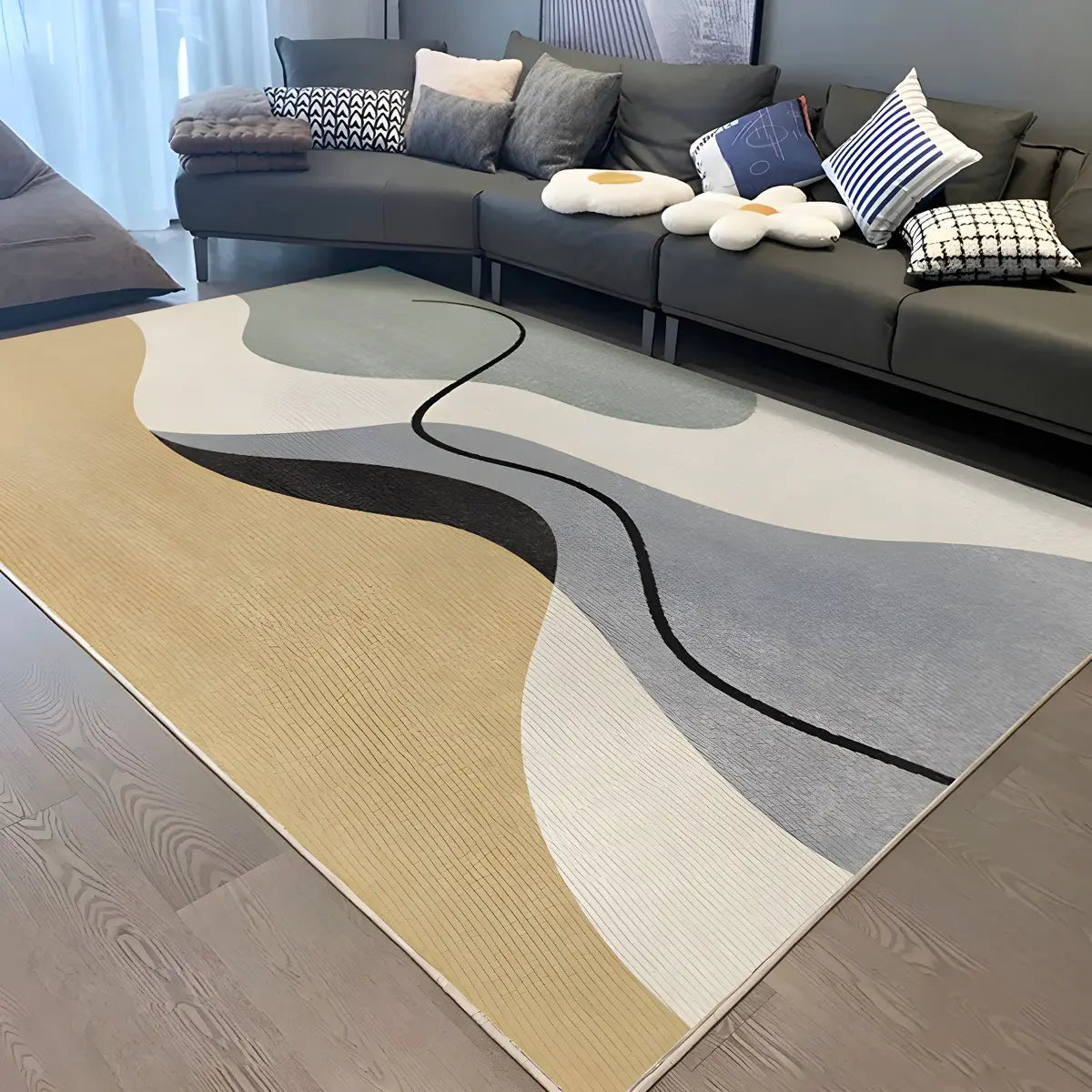 Contemporary Wave Pattern Polyester Beige Area Rug Image - 1