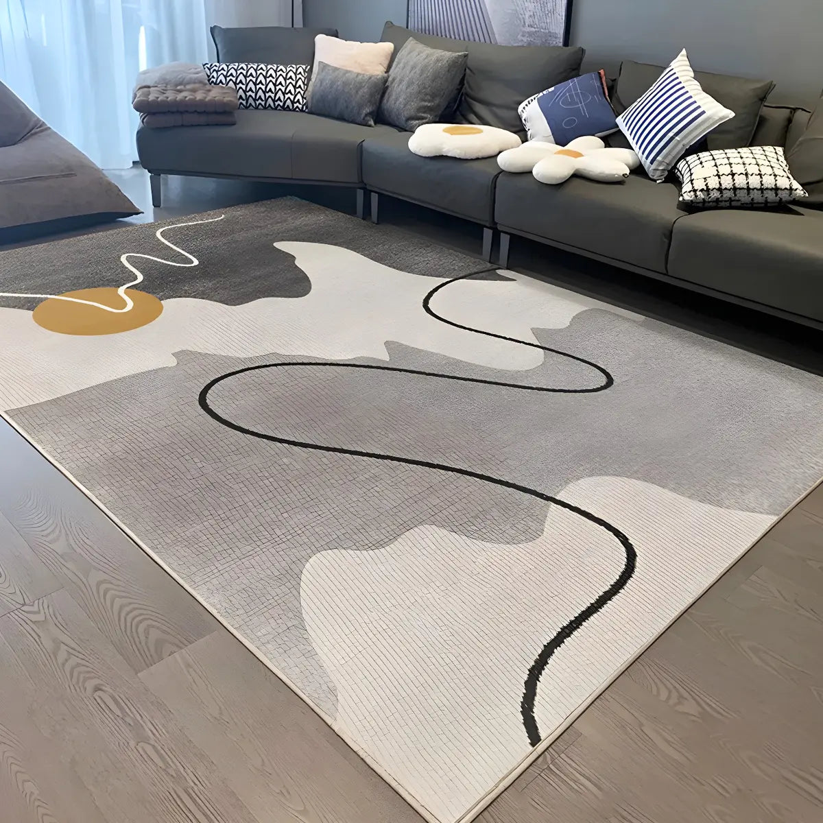 Contemporary Wave Pattern Polyester Beige Area Rug Image - 15