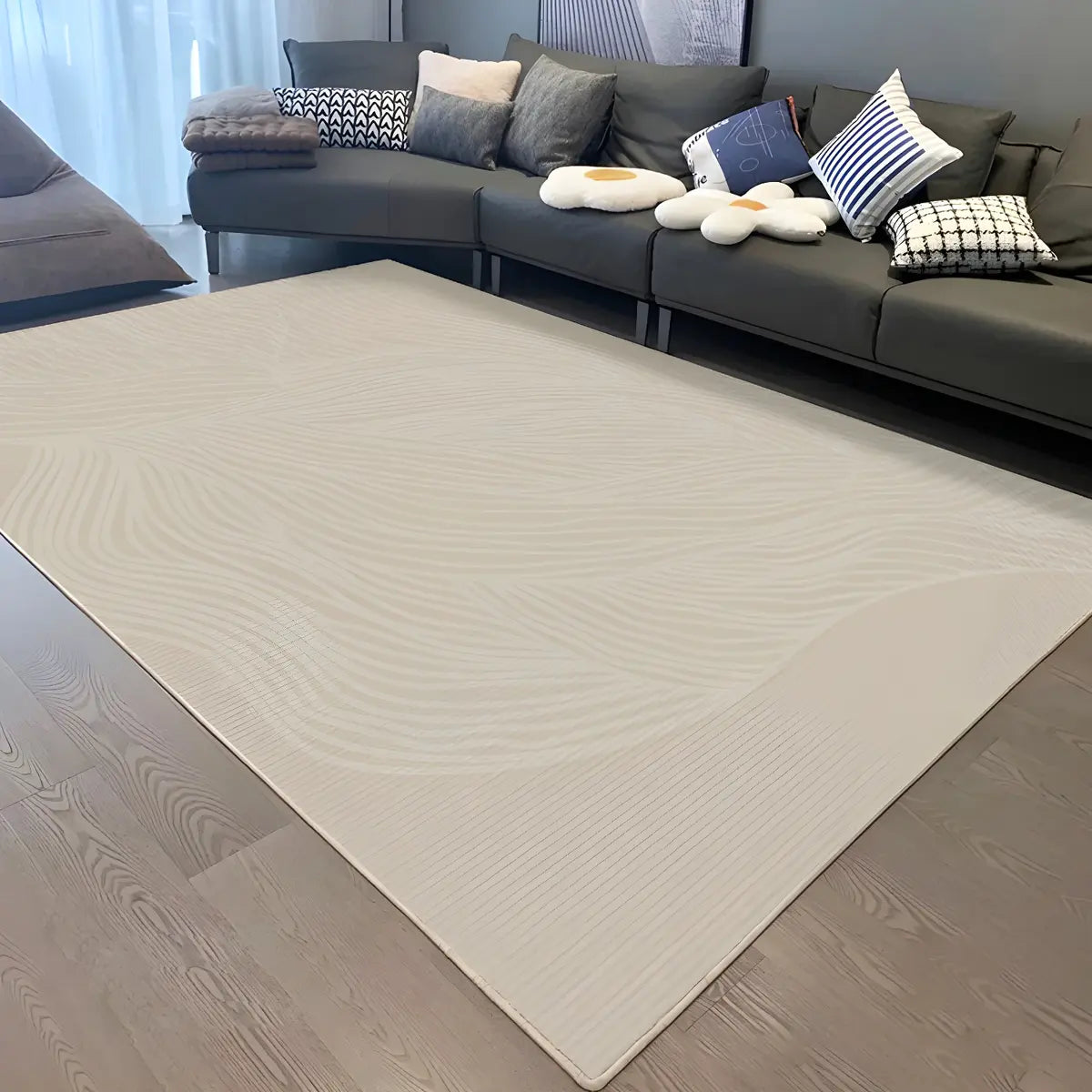 Contemporary Wave Pattern Polyester Beige Area Rug Image - 19