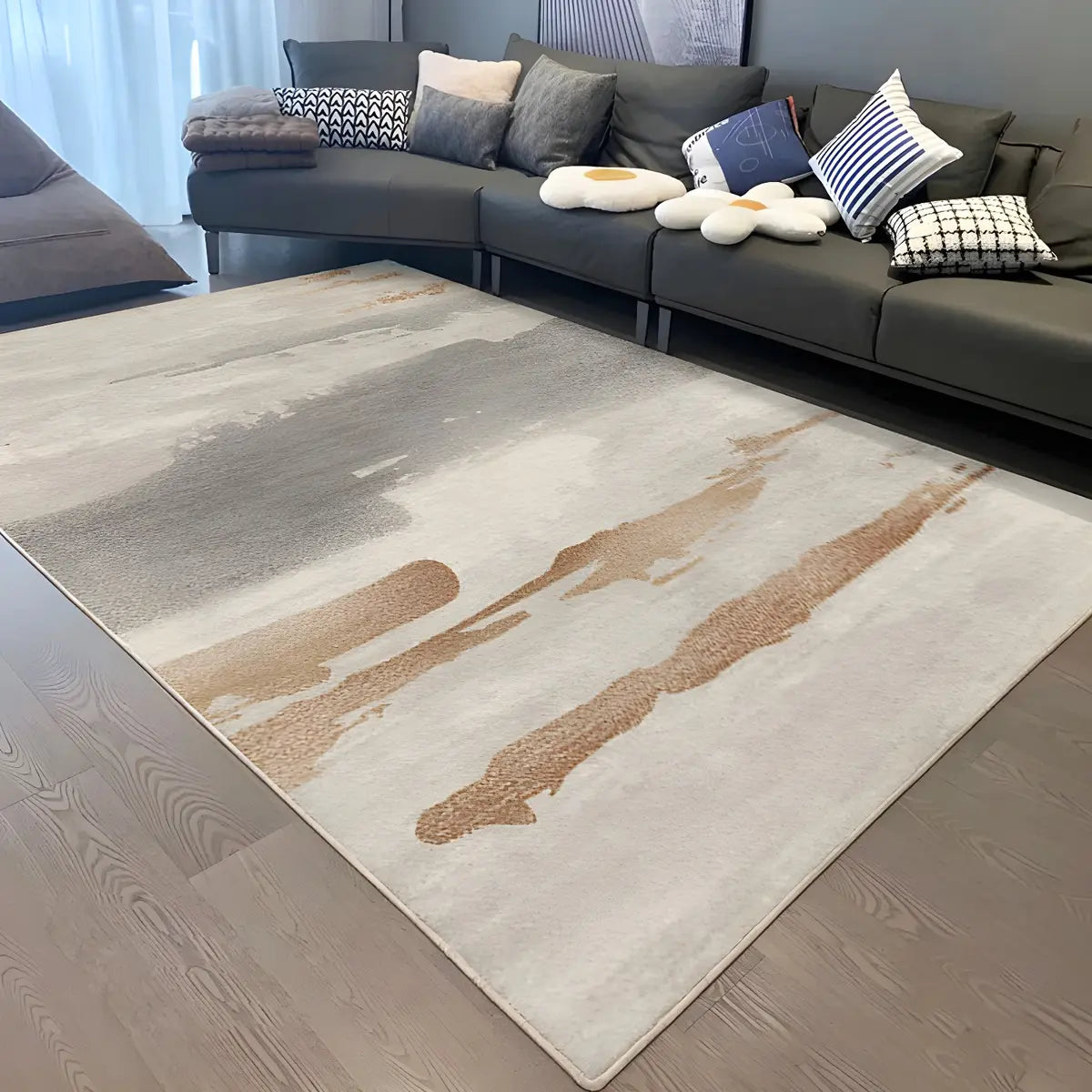 Contemporary Wave Pattern Polyester Beige Area Rug Image - 5