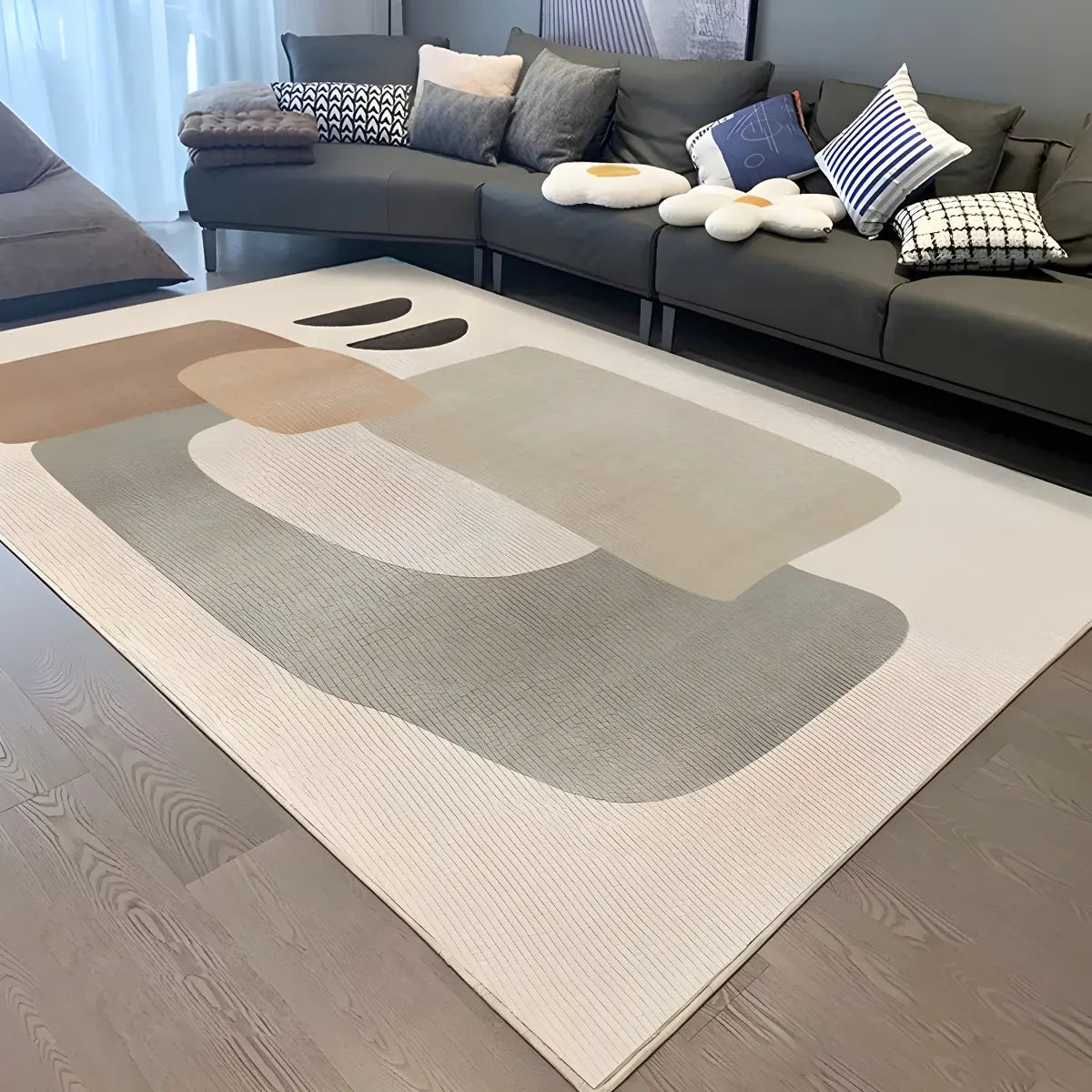 Contemporary Wave Pattern Polyester Beige Area Rug Image - 8