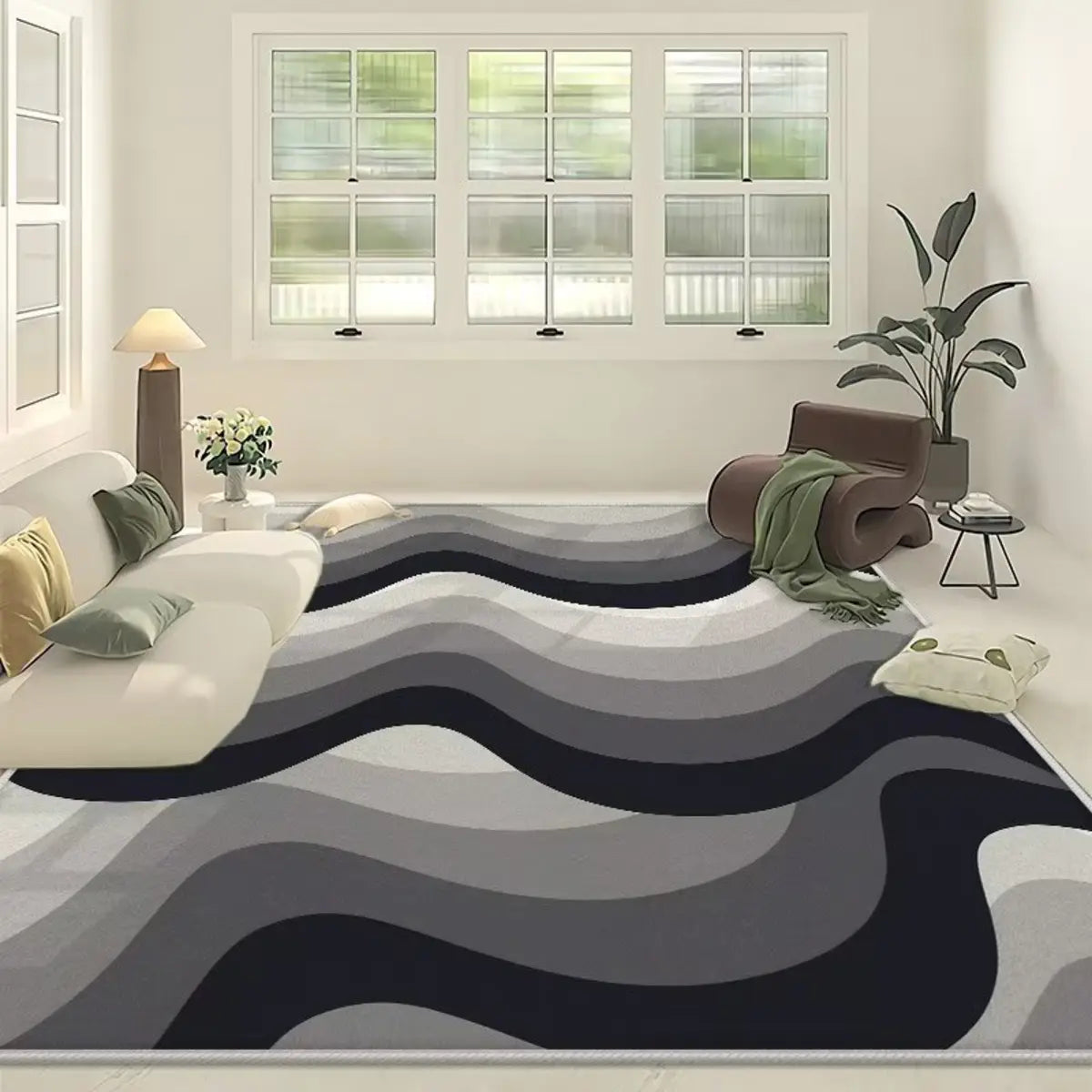 Contemporary Wave Pattern Polyester Gray Area Rug Image - 13