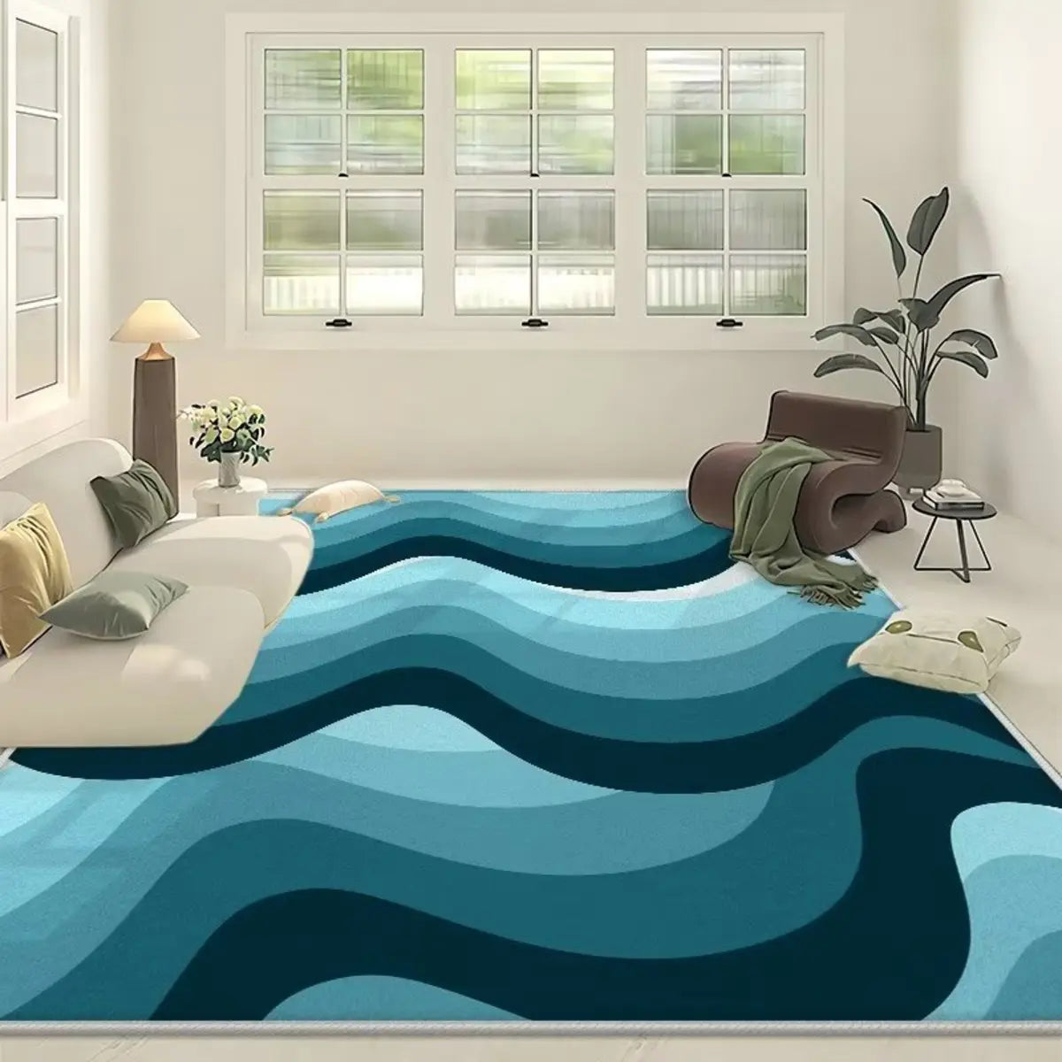Contemporary Wave Pattern Polyester Gray Area Rug Image - 15