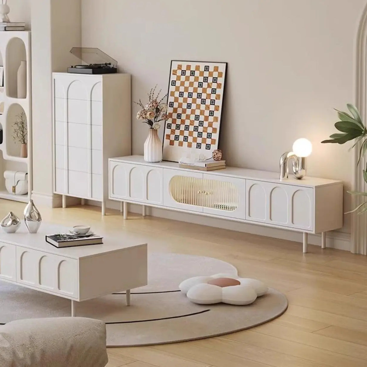 Contemporary White Drawers Cabinet Wood TV Stand Image - 6