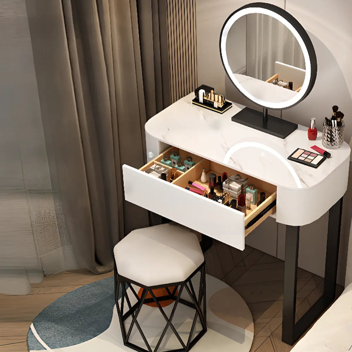 Contemporary White Makeup Vanity with Mirror LED Lights Image - 1