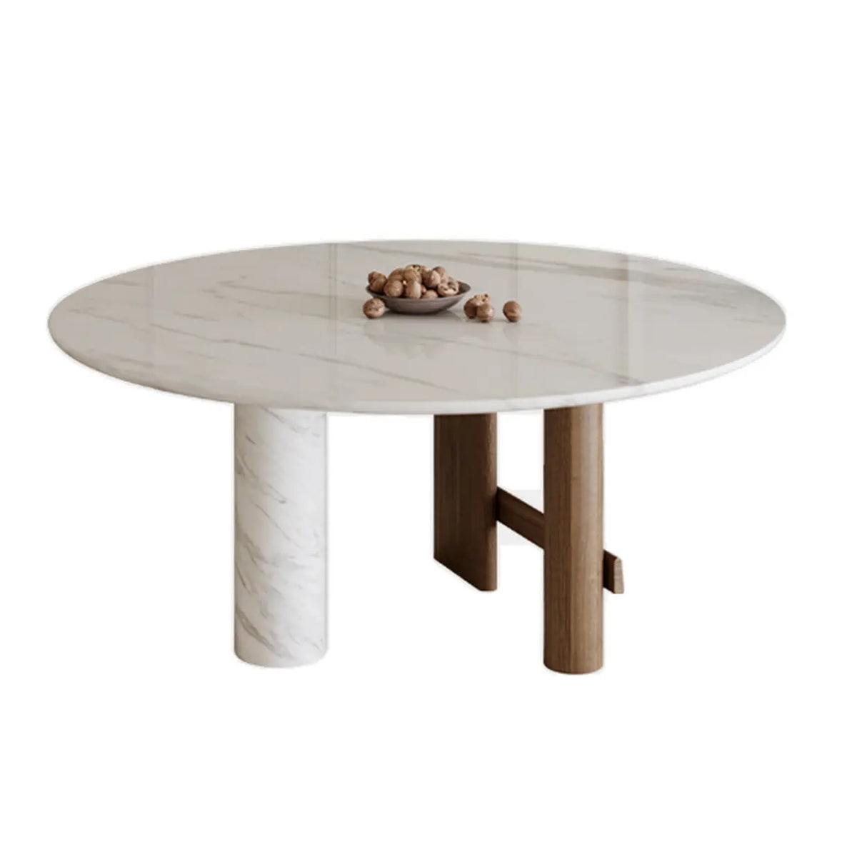 Contemporary White Stone Round Large Wood Leg Dining Table Image - 2