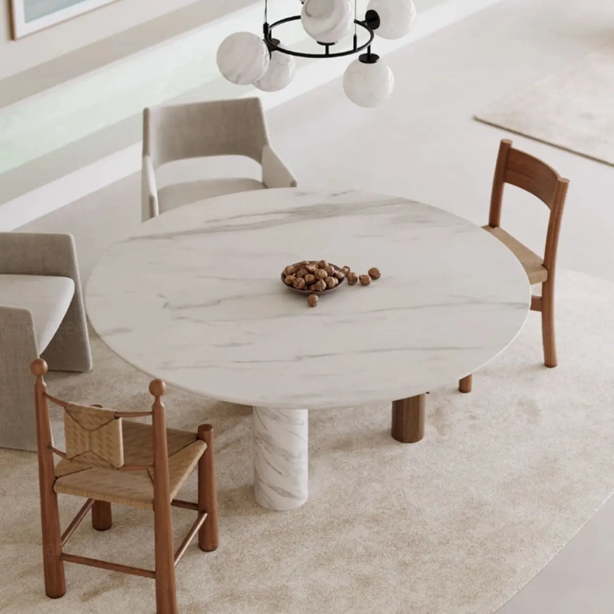 Contemporary White Stone Round Large Wood Leg Dining Table Image - 4