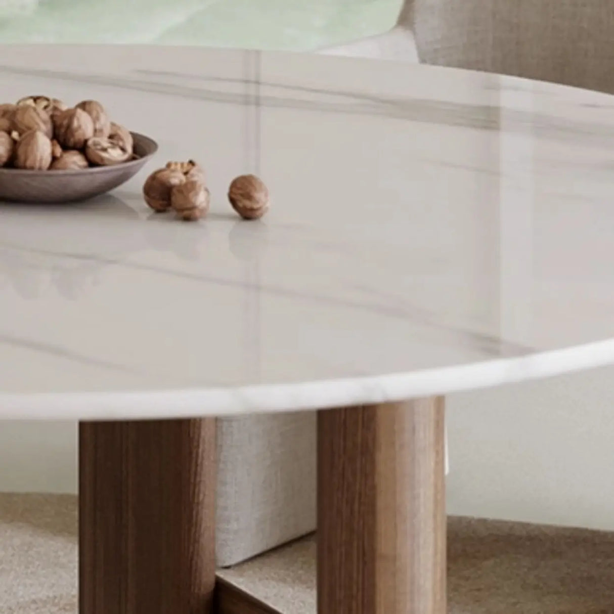 Contemporary White Stone Round Large Wood Leg Dining Table Image - 7