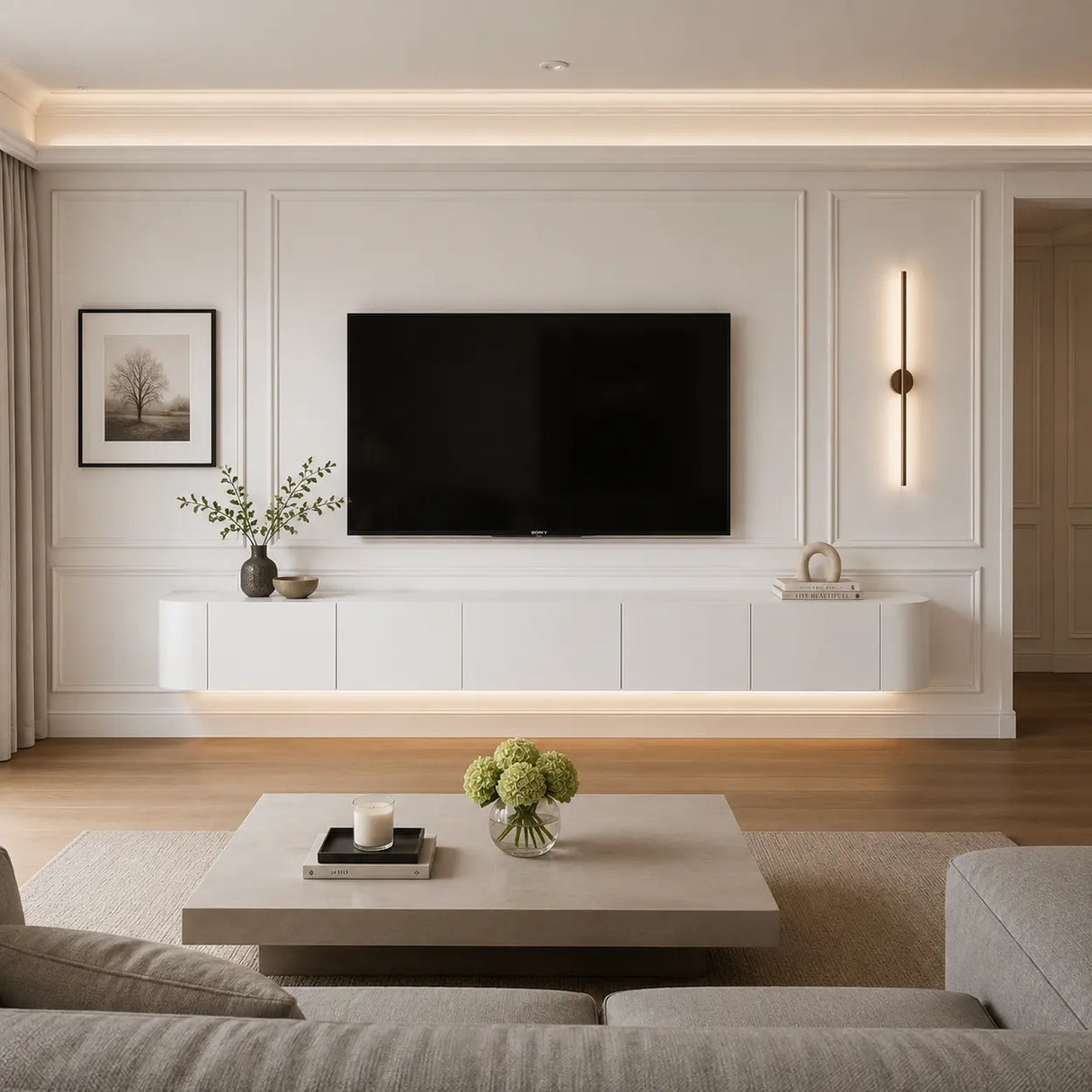 Contemporary White Wall-Mounted TV Stand with Cabinet Image - 1