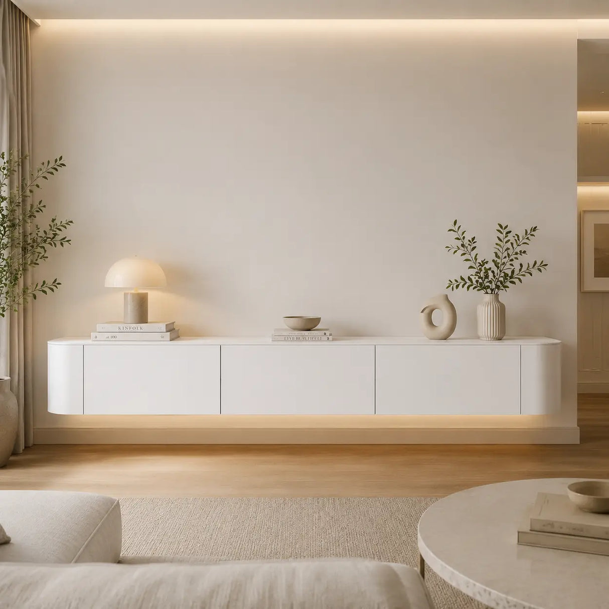 Contemporary White Wall-Mounted TV Stand with Cabinet Image - 3