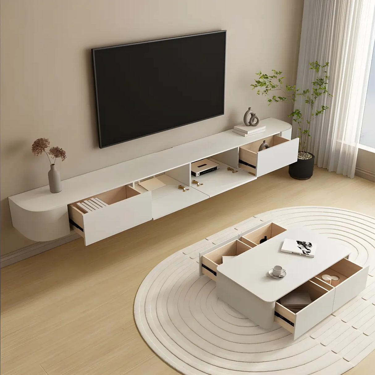 Contemporary White Wall-Mounted TV Stand with Cabinet Image - 4