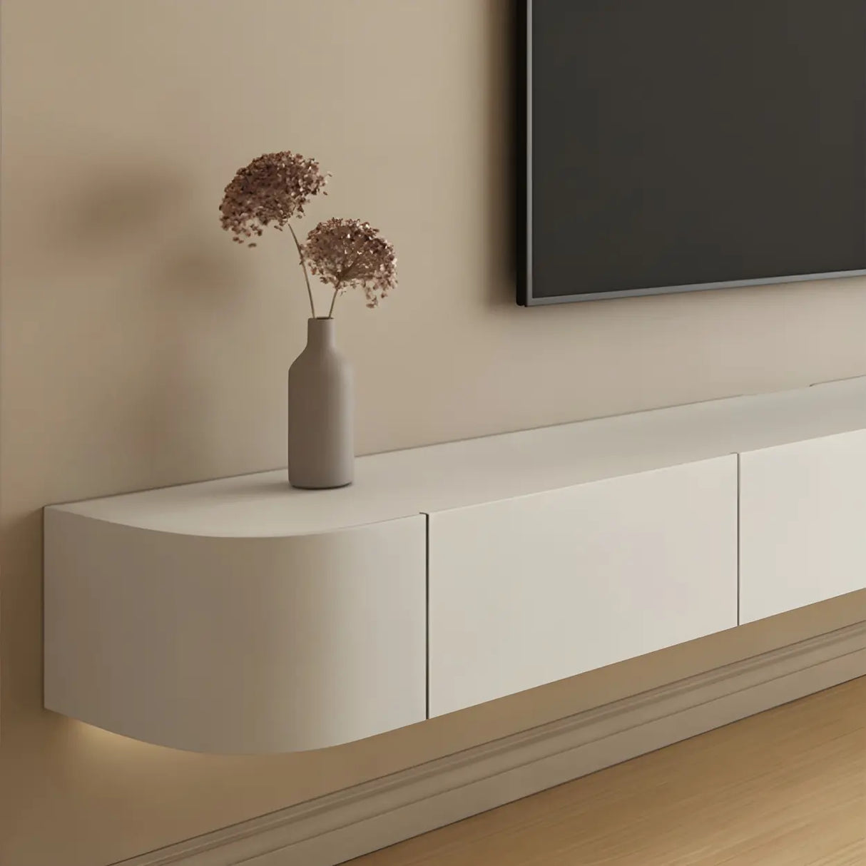 Contemporary White Wall-Mounted TV Stand with Cabinet Image - 7