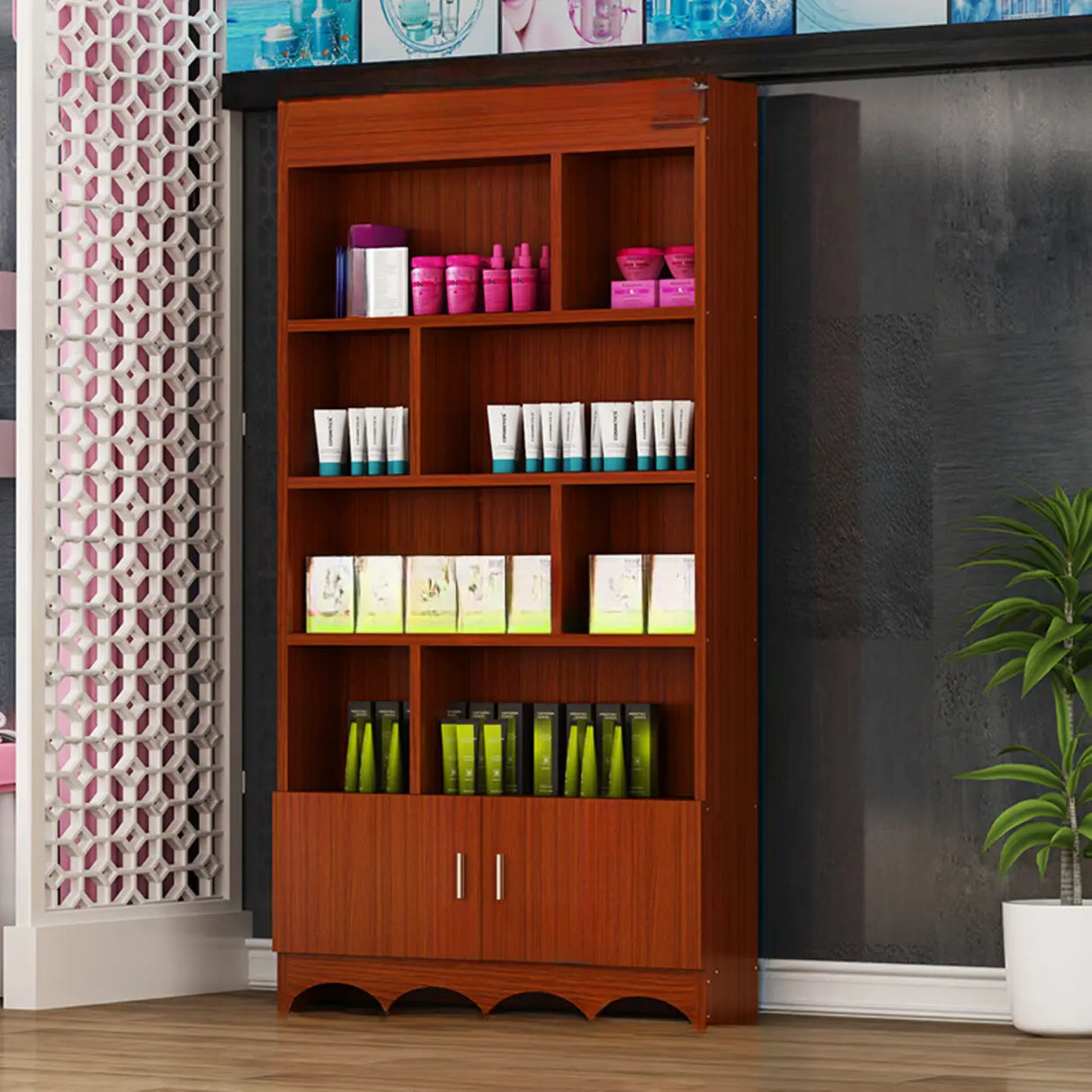 Contemporary Wooden Brown Open Storage Wine Cabinet Image - 7