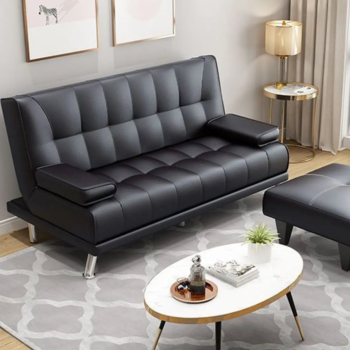 Convertible Black Scratch Resistant Leather Loveseat Image - 1