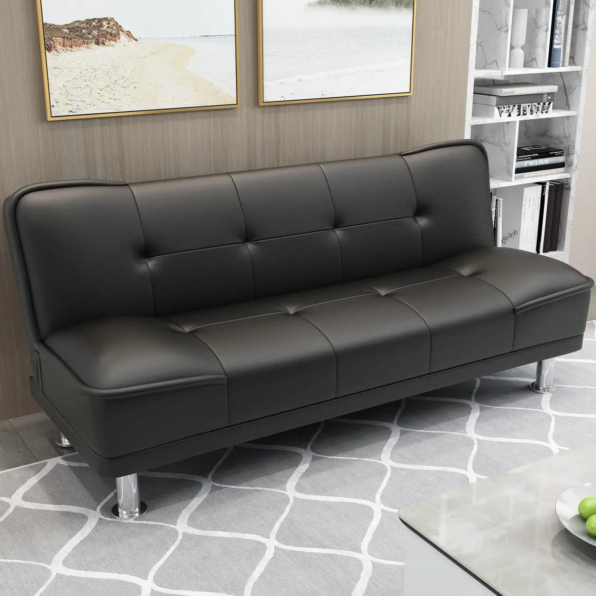 Convertible Black Scratch Resistant Leather Loveseat Image - 2