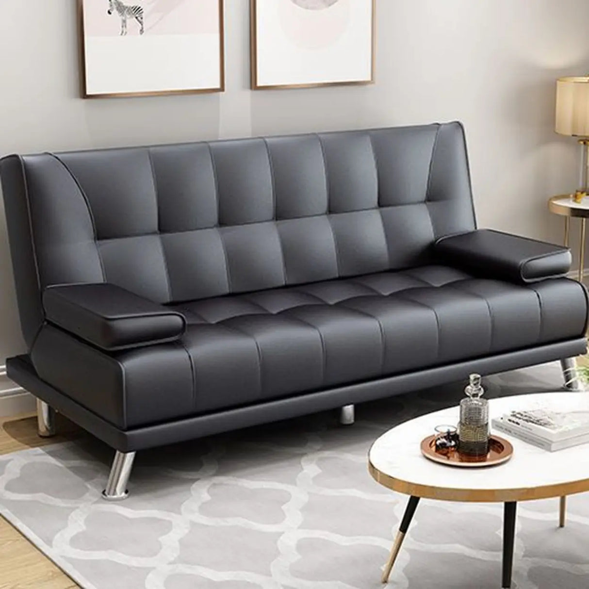 Convertible Black Scratch Resistant Leather Loveseat Image - 7