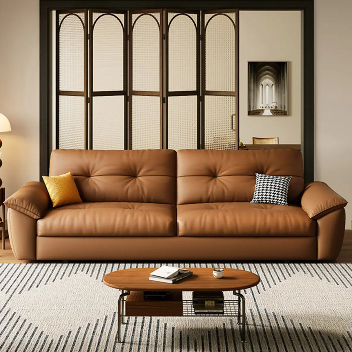 Convertible Brown Leather Tufted Storage Futon Sofa Bed Image - 1