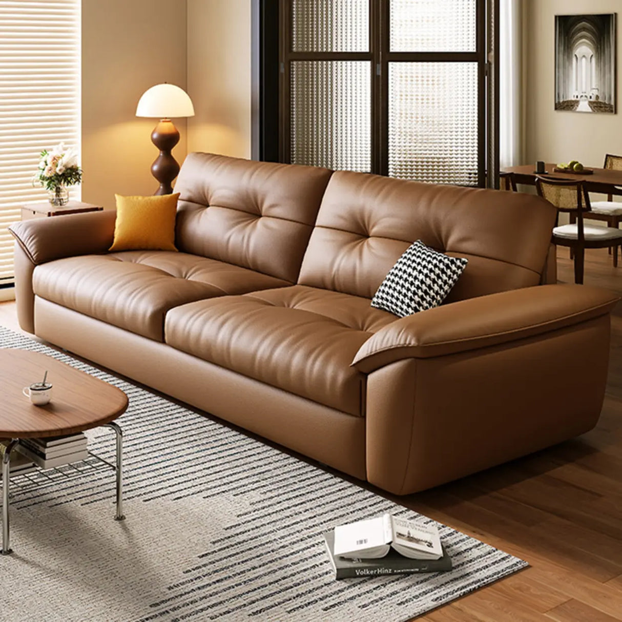 Convertible Brown Leather Tufted Storage Futon Sofa Bed Image - 2