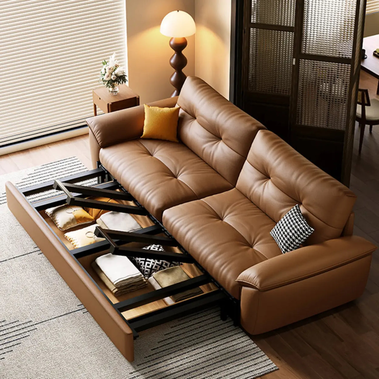 Convertible Brown Leather Tufted Storage Futon Sofa Bed Image - 3
