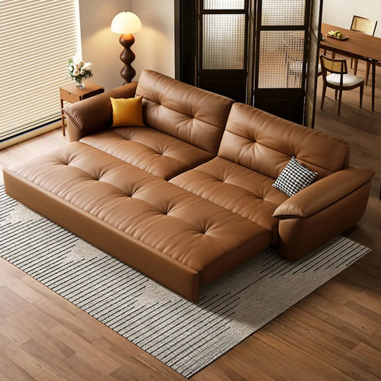 Convertible Brown Leather Tufted Storage Futon Sofa Bed Image - 4