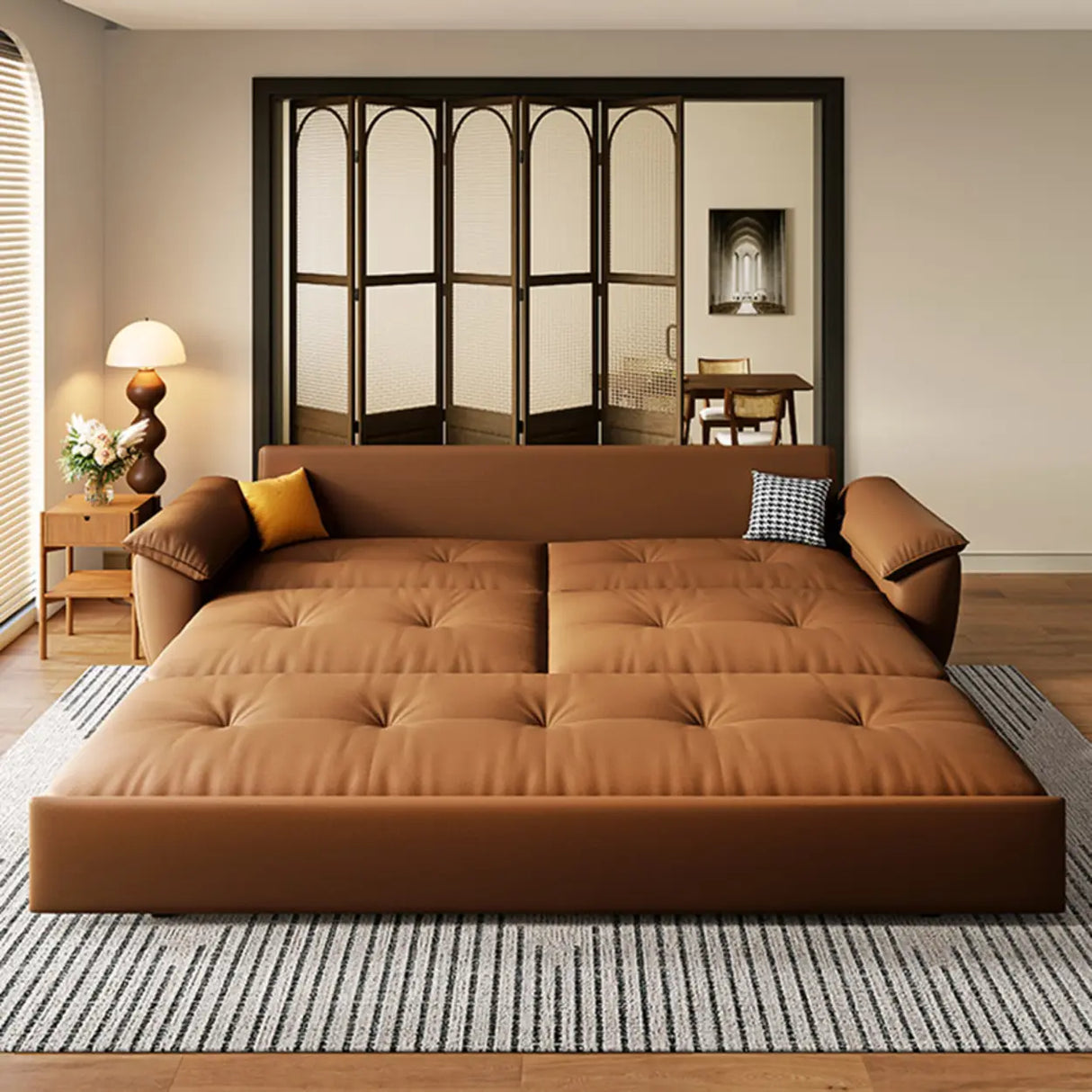 Convertible Brown Leather Tufted Storage Futon Sofa Bed Image - 5