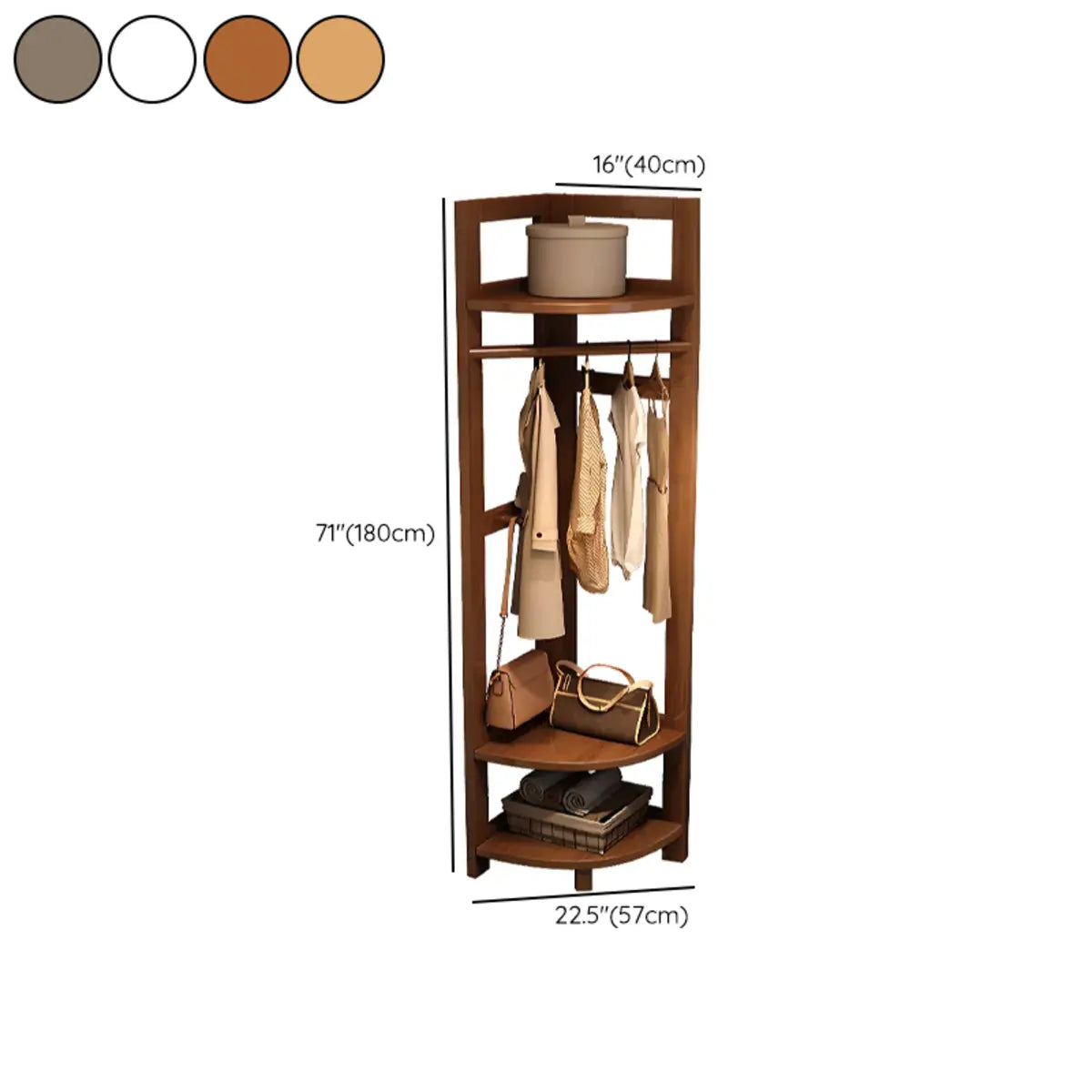 Corner Natural Wood Hooks Stand Coat Rack with Shelves