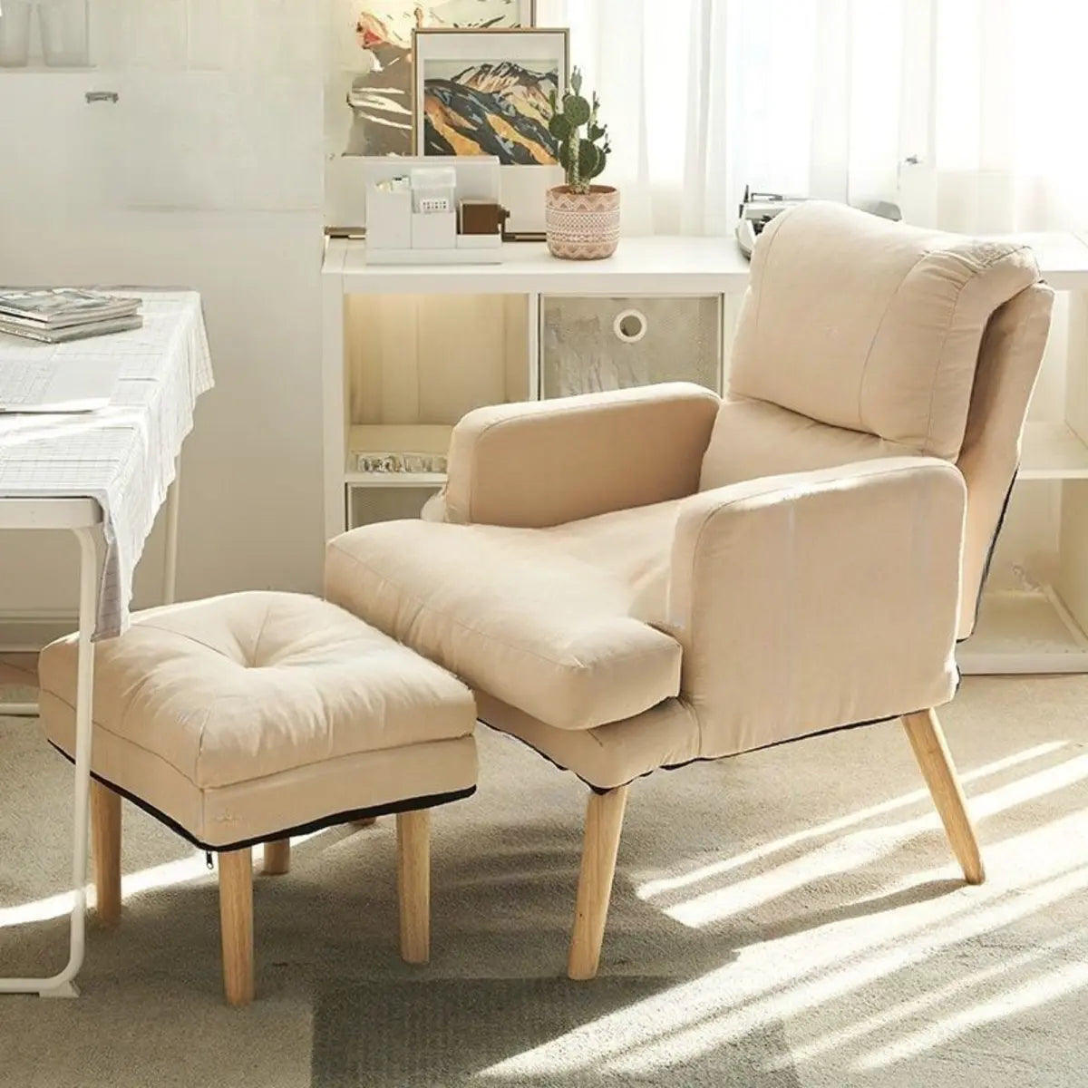 Cotton Linen Sewn Pillow Back Reclining Lounge Chair Image - 7