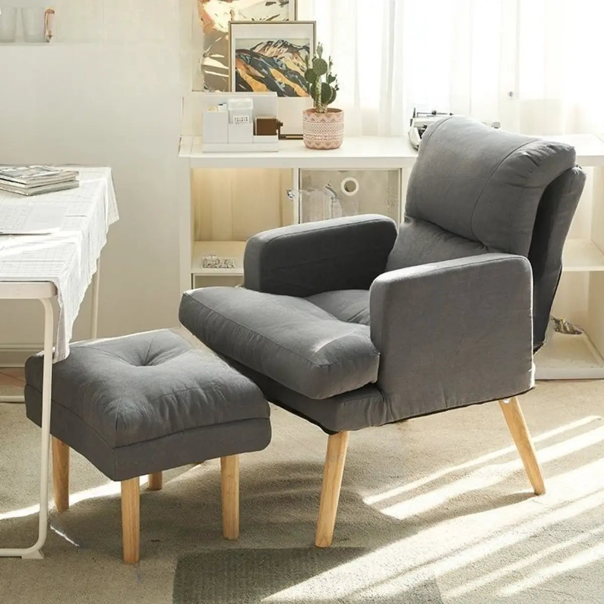 Cotton Linen Sewn Pillow Back Reclining Lounge Chair Image - 9