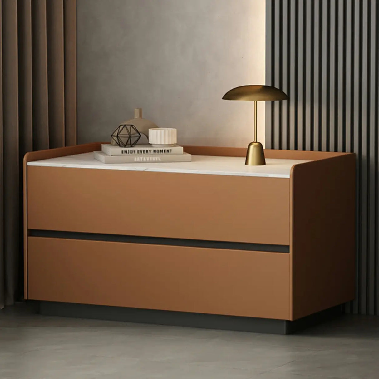 Cream Rectangular Faux Leather Nightstand with Storage Image - 10