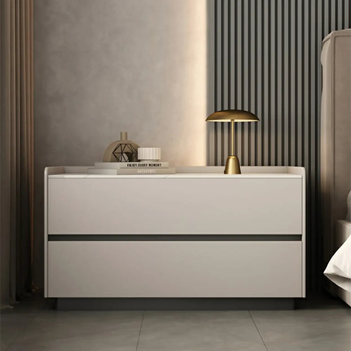 Cream Rectangular Faux Leather Nightstand with Storage Image - 1