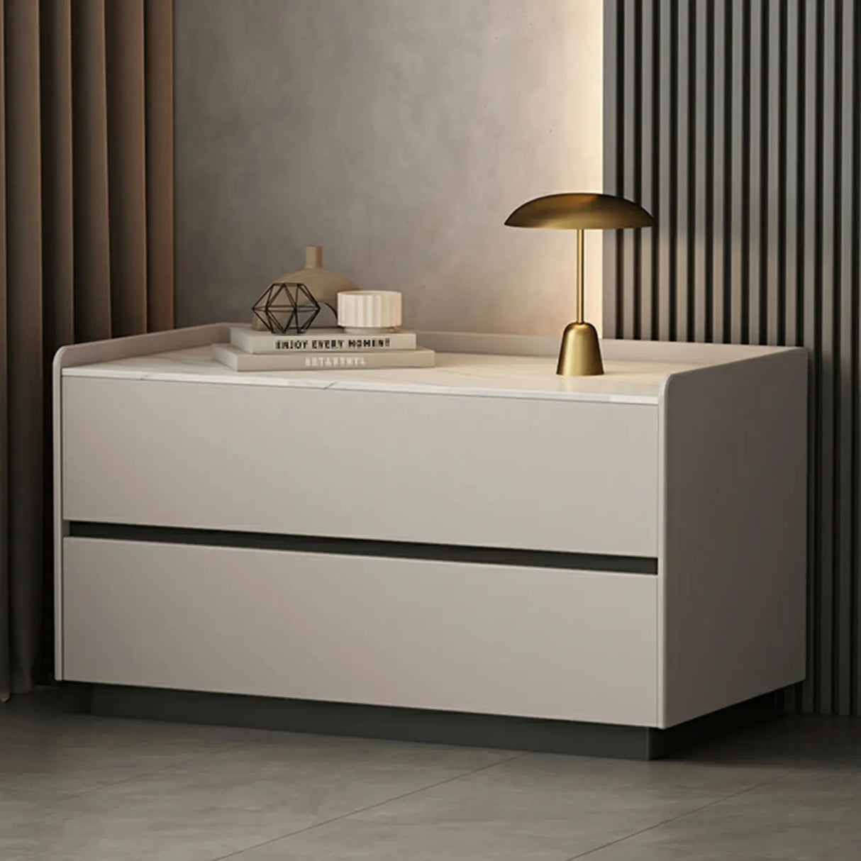 Cream Rectangular Faux Leather Nightstand with Storage Image - 2