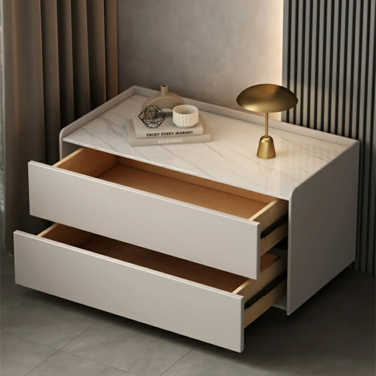 Cream Rectangular Faux Leather Nightstand with Storage Image - 4