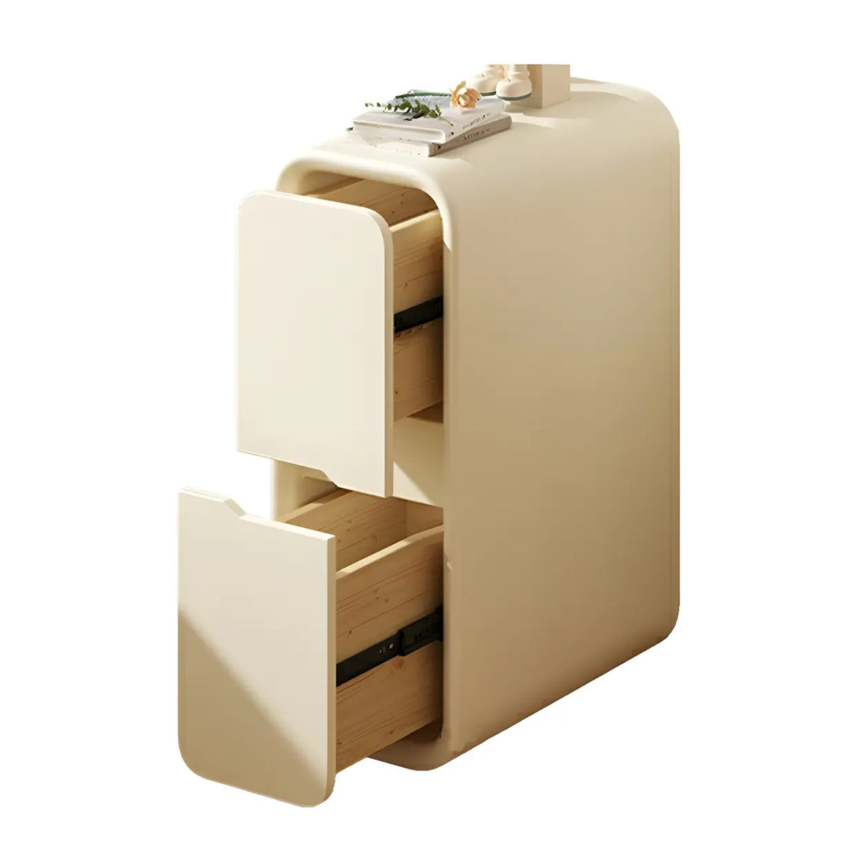 Cream Rounded Wood Faux Leather Multifunctional Nightstand Image - 10