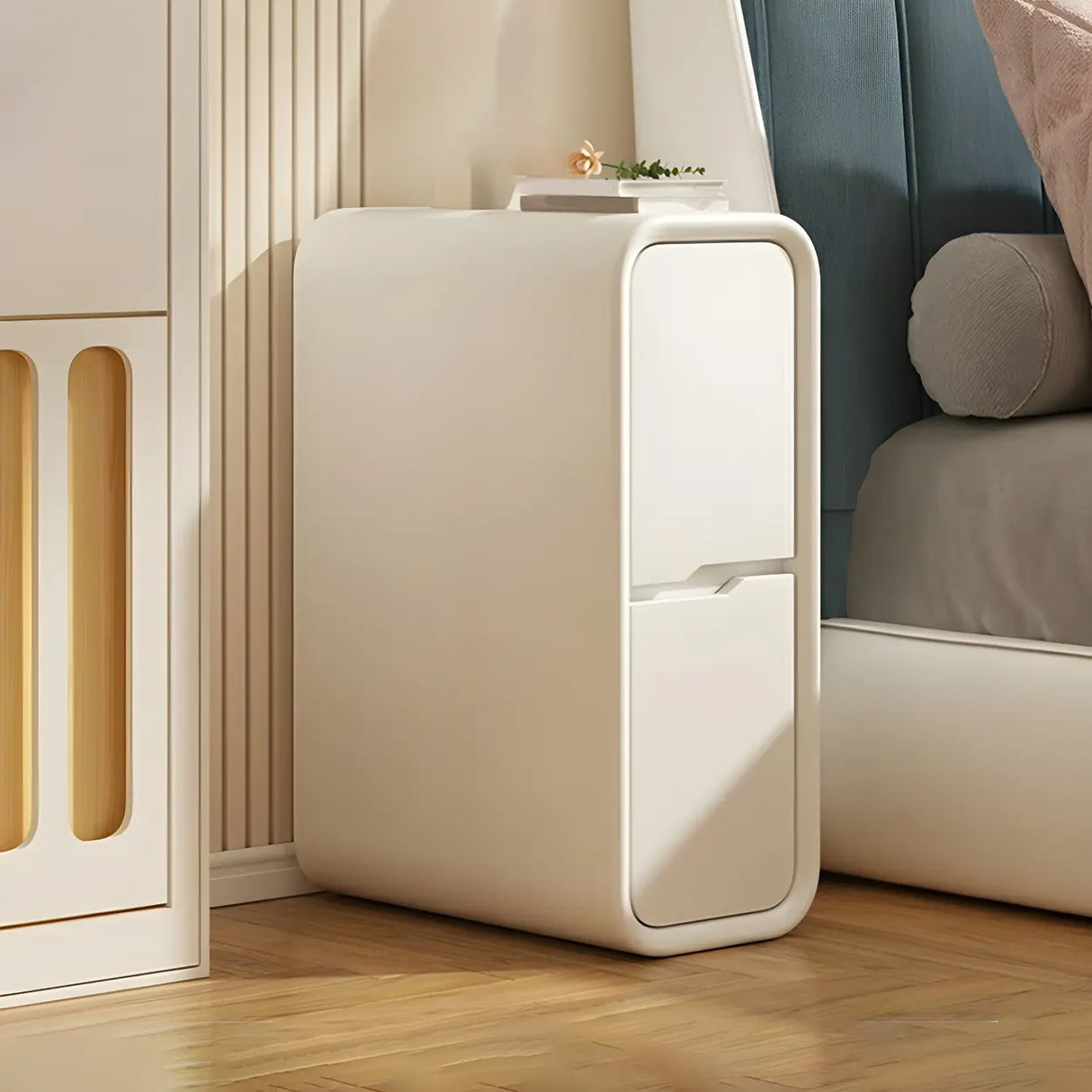 Cream Rounded Wood Faux Leather Multifunctional Nightstand Image - 14