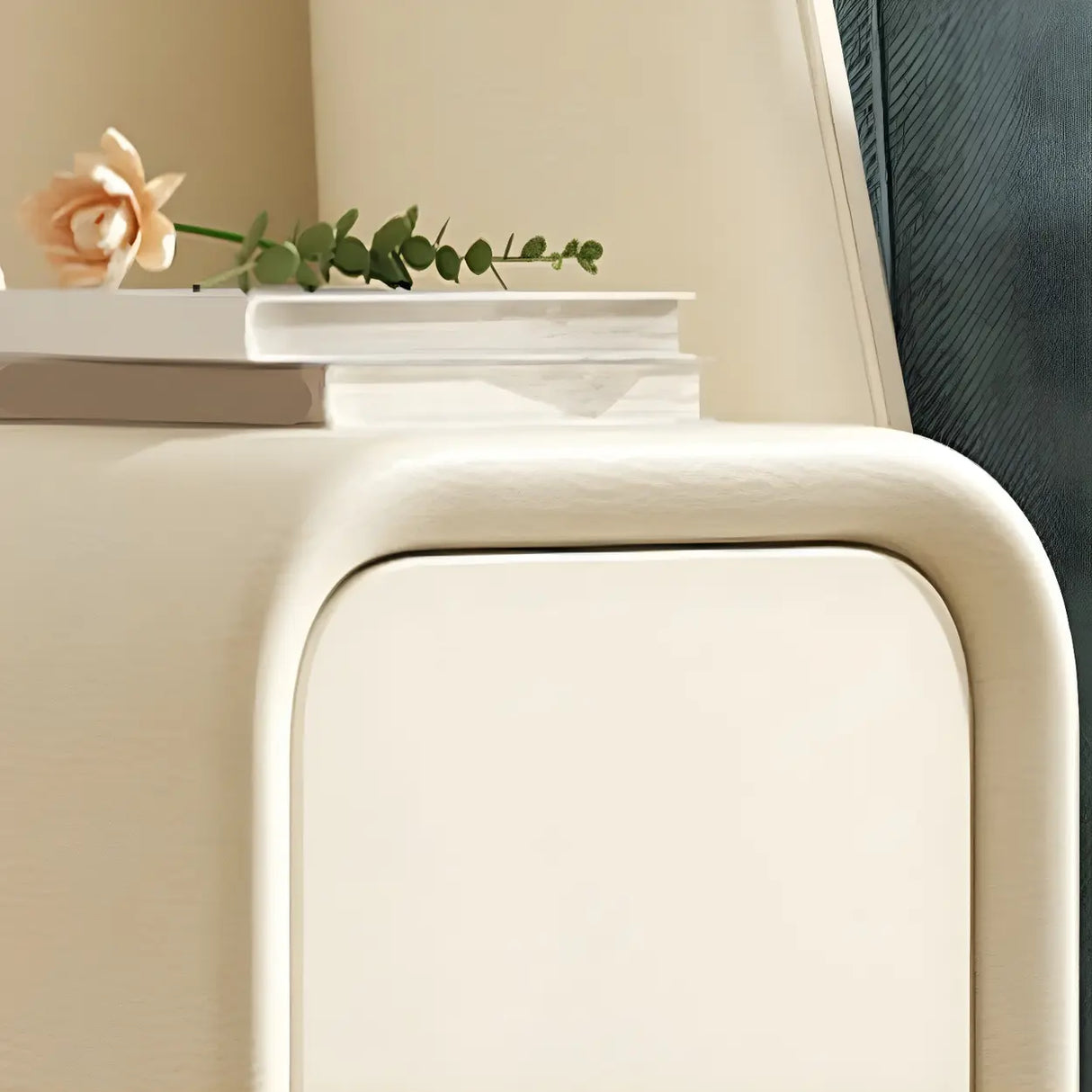 Cream Rounded Wood Faux Leather Multifunctional Nightstand Image - 16
