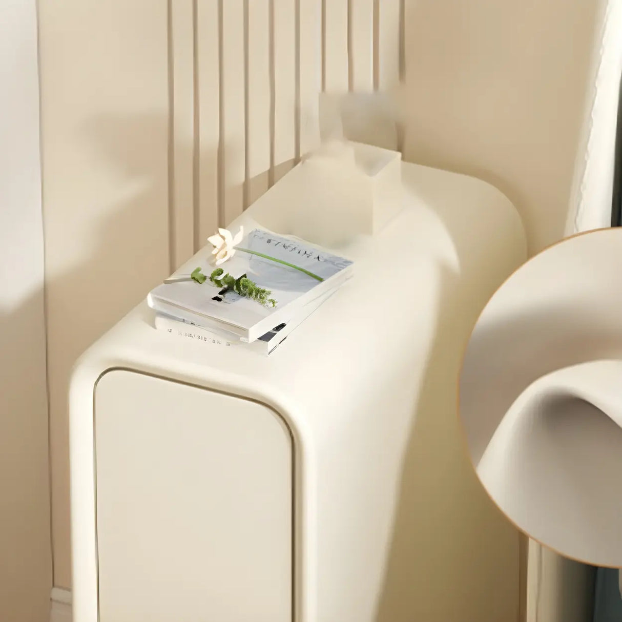 Cream Rounded Wood Faux Leather Multifunctional Nightstand Image - 17