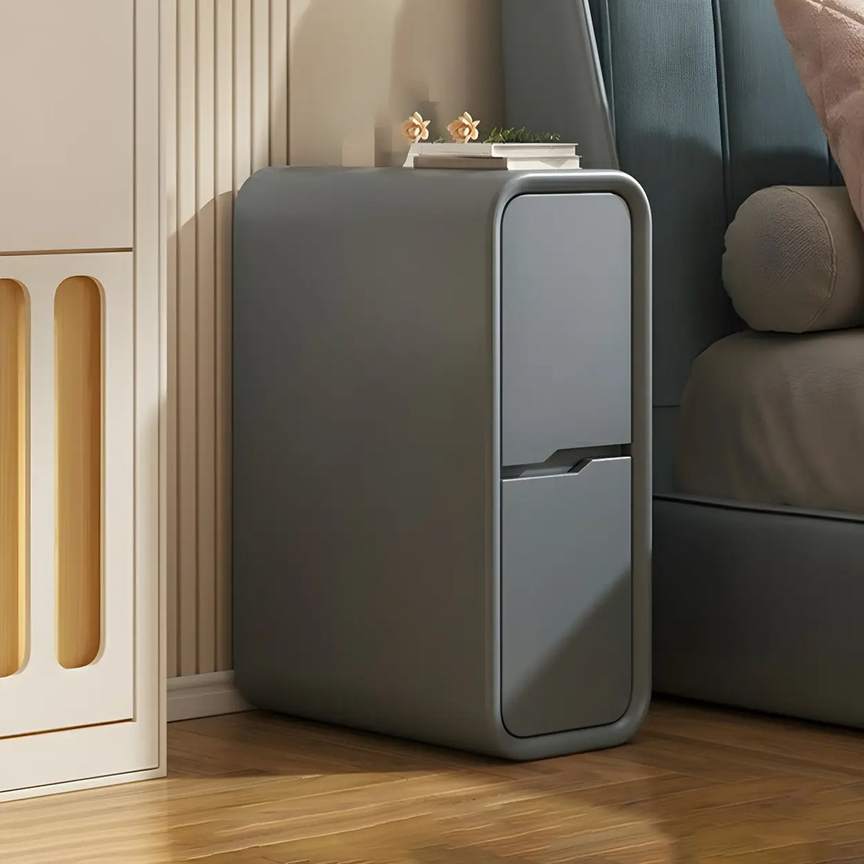 Cream Rounded Wood Faux Leather Multifunctional Nightstand Image - 18