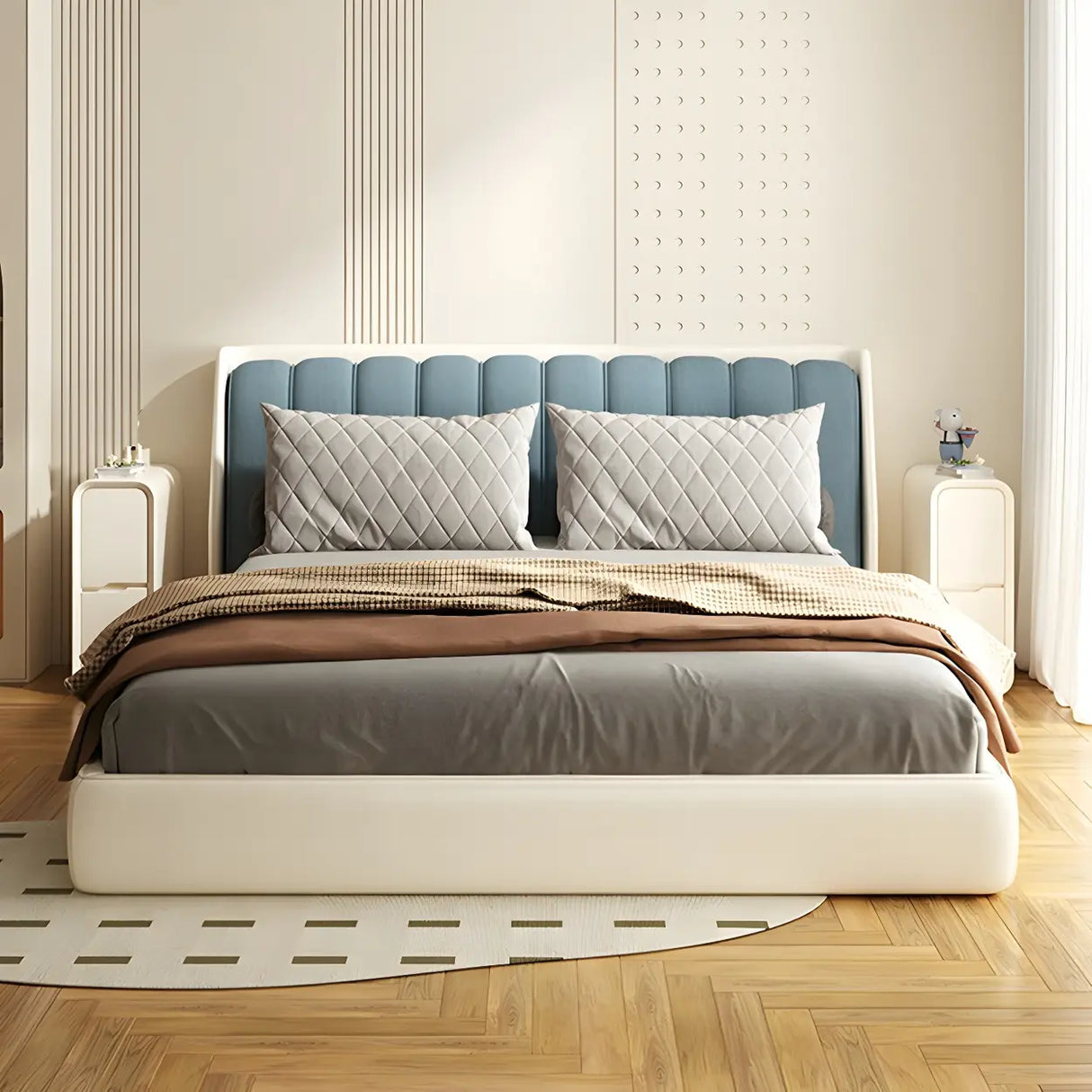 Cream Rounded Wood Faux Leather Multifunctional Nightstand Image - 1